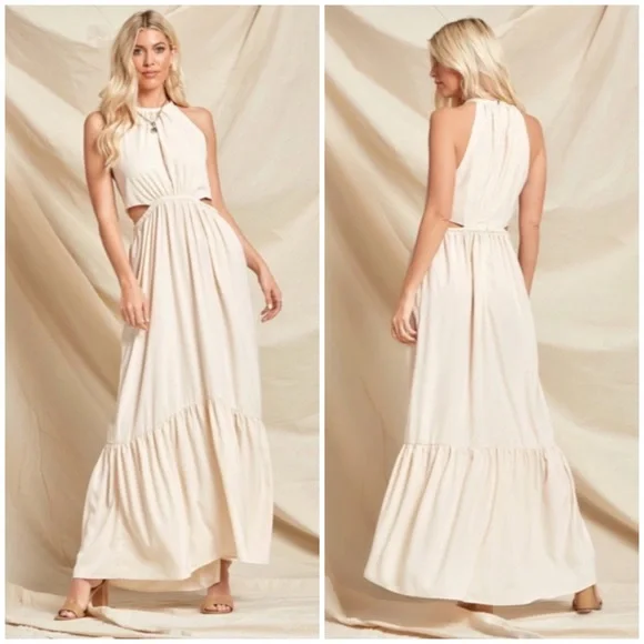 pearl beaded maxi dress Miss Circle Women Lainey White Satin Sequin Pearls Beaded Maxi Dress main image 1